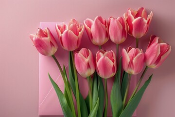 Obraz premium Pink Tulip Bouquet on a Pink Envelope