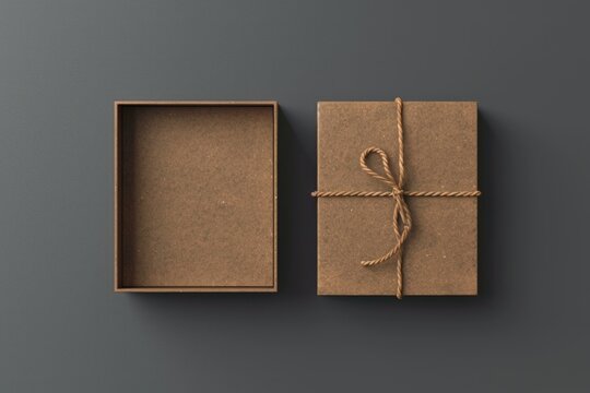A box with a string tied around it, often used for shipping or storage