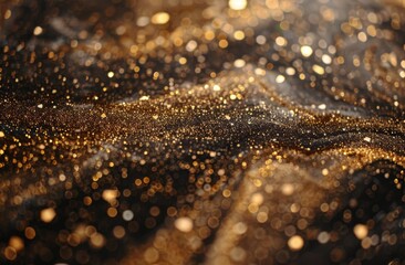 Closeup of Gold Glitter on Black Background With Bokeh Lights