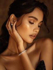 A beautiful woman with long dark hair and flawless skin. Her eyes are closed and she