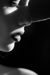 Close-up of woman's lips and nose in black and white. Artistic and fashion portrait concept