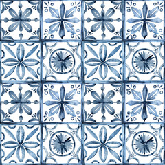 pattern  ceramic tiles . Design in blue and white colors watercolor .