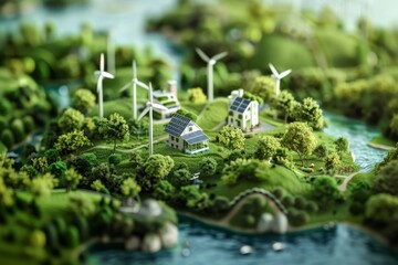 A whimsical illustration of a world filled with eco-friendly inventions and renewable energy sources. 