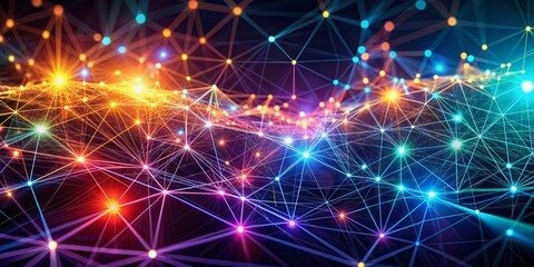 Obraz premium Vibrant 3D rendering of futuristic digital network background with glowing plexus points and intricate lines, symbolizing modern technology and data exchange connections.