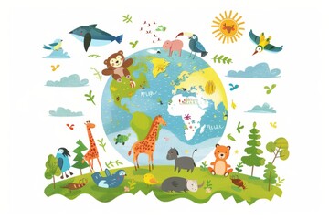A whimsical illustration of planet Earth with smiling animals and birds living harmoniously in their natural habitats. 