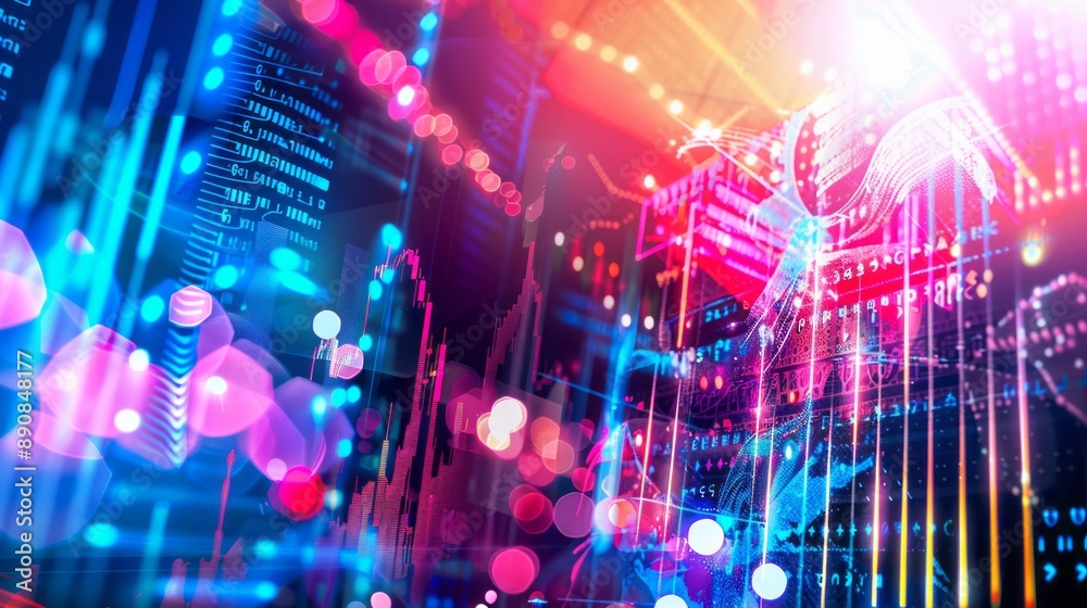 Poster abstract digital network with colorful lights and data streams