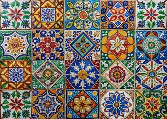 Vibrant colorful ceramic tiles arranged in a mosaic pattern on a wall or floor, showcasing intricate texture and geometric shapes in a decorative design.