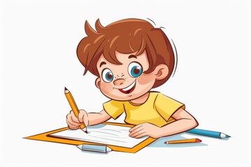 A young child is sitting at a desk, concentrating on their homework assignment with a big smile on their face, holding a pencil in their hand. The atmosphere is peaceful and joyful.