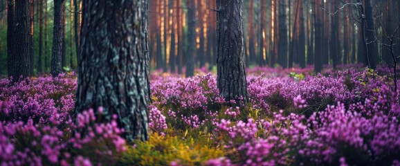 A pine forest with purple heather flowers growing in the ground Generative AI