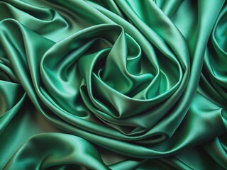 Fototapeta premium Luxurious emerald green silk fabric unfurls in soft, flowing waves, creating a sophisticated background for highlighting natural cosmetics, food products, or promotional items.