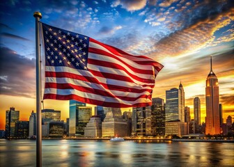 Naklejka premium Vibrant American flag waves proudly against iconic New York City skyline with towering skyscrapers and bright lights, evoking strong feelings of patriotism and national pride.
