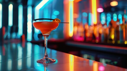 cocktail on a bar counter in a chic studio with ambient lighting showcasing bar setting futuristic tone Triadic color scheme