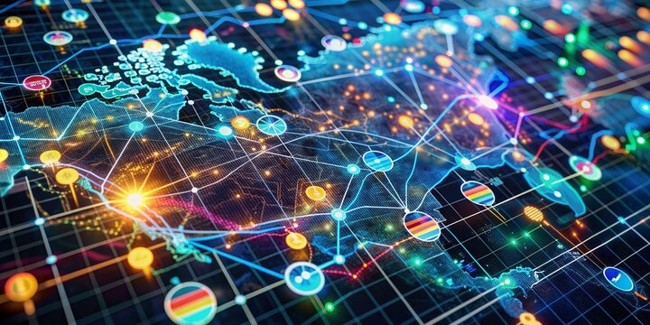 Aerial view of a futuristic dashboard displaying a complex network of interconnected data points and colorful graphs representing a state's economic and social trends.