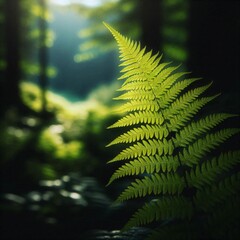 Sunlit Green Fern Leaf with Soft Focus in a Lush Forest

