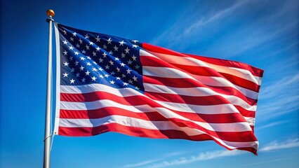 Obraz premium Vibrant American flag flying high in the wind, waving proudly against a clear blue sky, with ample copy space in the background.