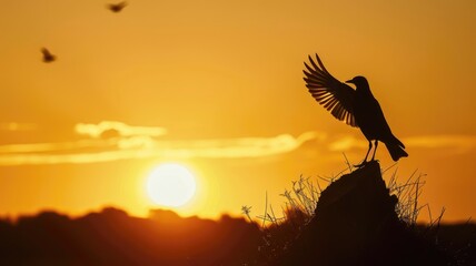 Fototapeta premium Silhouette of bird with wings outstretched at sunset Scenic and serene evening