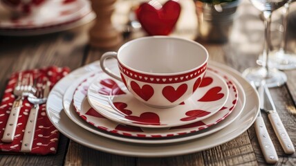 Fototapeta premium Festive table setting with red and white heart-patterned plates utensils