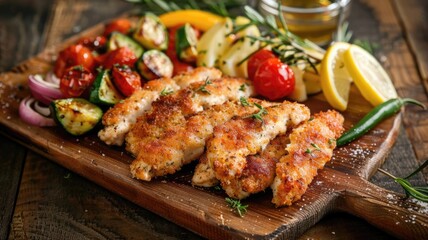 Grilled chicken fillets with roasted vegetables and lemon slices on wooden board