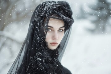A woman wrapped in a black veil stands in the snowy environment, possibly mourning or in a state of grief