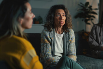 Fototapeta premium two middle aged woman talking in the living room