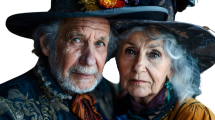 Old couple in spooky Halloween costume, eerie elder costumes, festive Halloween attire, spooky seniors, Halloween celebration, png file, isolated on white