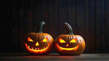 Obraz premium Happy Halloween, scary carved glowing pumpkins, festive background, jack-o-lantern, October 31. holiday, poster, template 