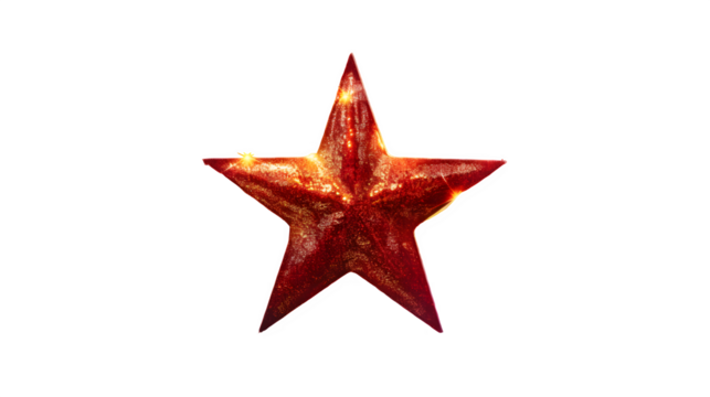 Five-pointed faceted sparkling red star on a transparent background
