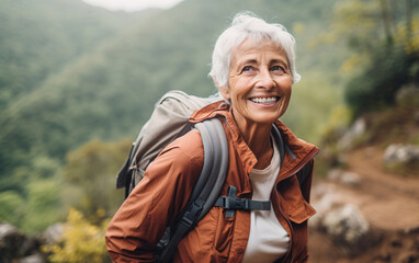 Elderly Woman Hiking in Mountains