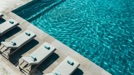 Obraz premium A pool with a row of lounge chairs and towels on the edge