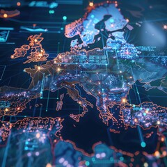 A map of Europe with many lights on it. The lights are in different colors and are scattered all over the map. The map is very detailed and looks like it is made of computer code