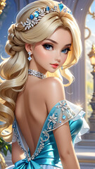 Generative illustration poster of a young beautiful blonde girl with shiny hair and diamonds on a purple background.