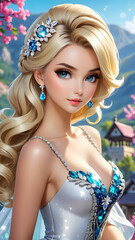 Generative illustration poster of a young beautiful blonde girl with shiny hair and diamonds on a purple background.