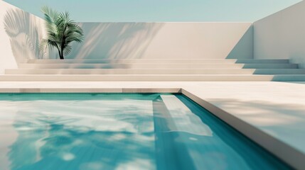Fototapeta premium A pool with a palm tree in the foreground and a white wall behind it