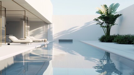 Fototapeta premium A large pool with a white wall and a palm tree in the background