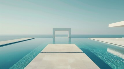 A pool with a white archway in the middle of it