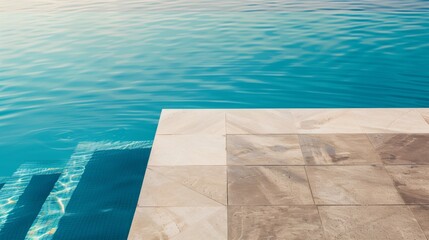 A pool with a tile edge and a step leading down to it