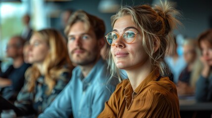 Fototapeta premium business people attending a course, sitting down, looking at the teacher