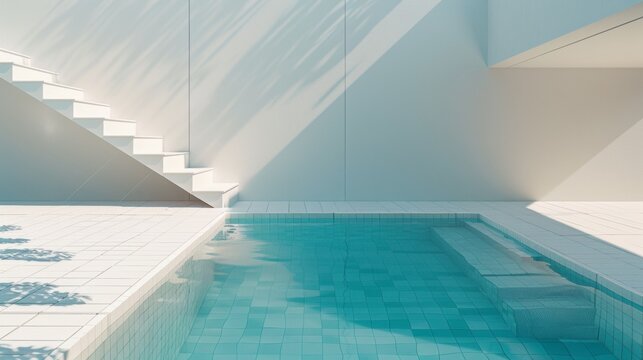 A pool with a white wall and a white staircase