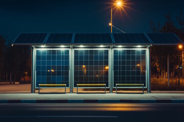 Solar-powered bus stop at night with street lights. Concept for renewable energy, urban sustainability, and green technology, Earth Day
