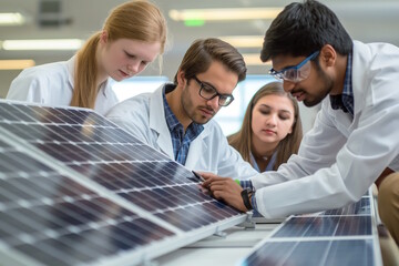 Young multiracial engineers working on solar panels in a lab. Concept of renewable energy, teamwork, and scientific research, Earth Day