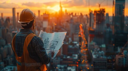 an architect wearing a hard hat, holding blueprints, and overseeing a construction site
