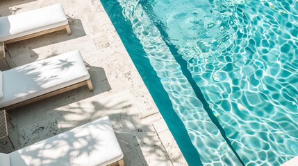 Obraz premium A pool with a white deck and a row of white lounge chairs