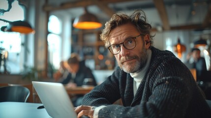 a man in glasses using a laptop in an office 