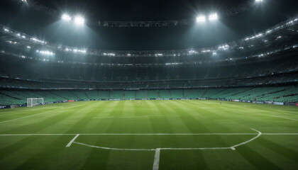 Fototapeta premium Football stadium arena for match with spotlight. Soccer sport background, green grass field for competition champion match.