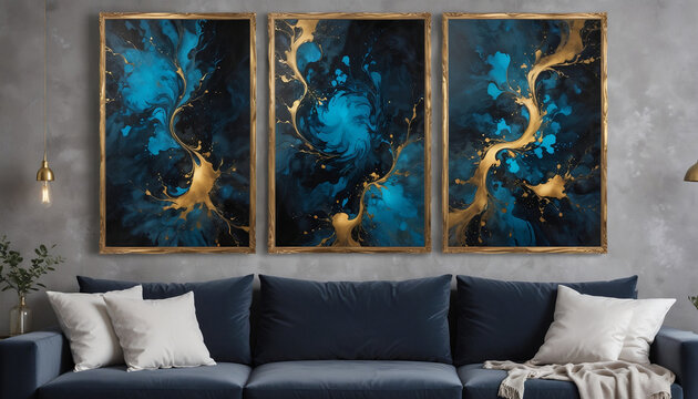 Set of three fluid dark art posters in gold 8x12" frames with blue and gold accents.
