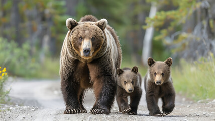 Obraz premium A mother grizzly bear and her cubs walk through a national park