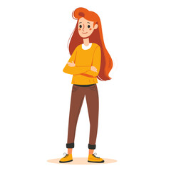 Fototapeta premium A woman with long red hair is standing with her arms crossed. She is wearing a yellow sweater and brown pants
