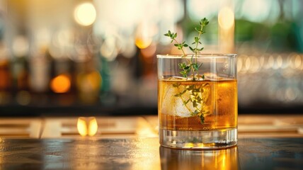 Refreshing cocktail with ice cubes and herb garnish sits on sleek bar top