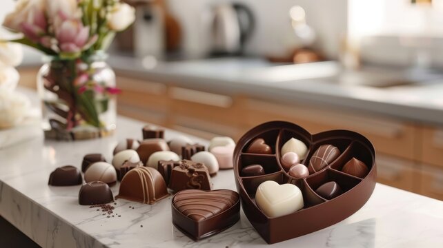 Assorted chocolates in heart-shaped box on marble counter