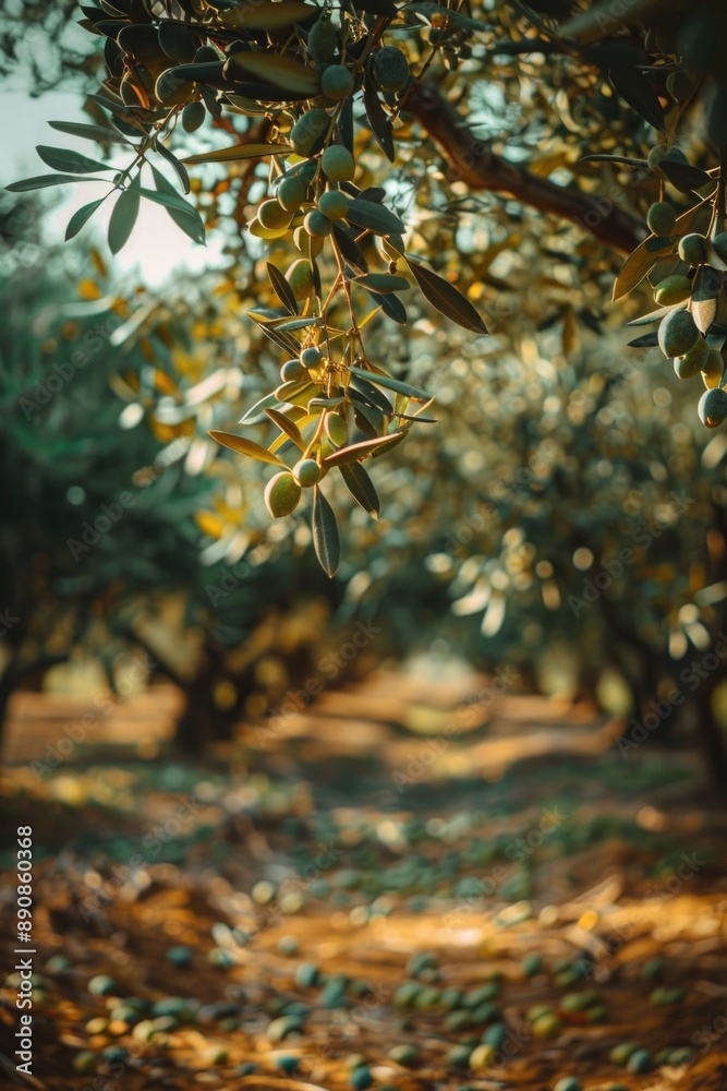 Wall mural A serene image of an olive grove with lush green leaves, perfect for use in travel or nature-related contexts